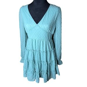 Altar'd State Mini Dress Sz M Swiss Dot Tiered V-Neck Long Sleeve Boho Romantic